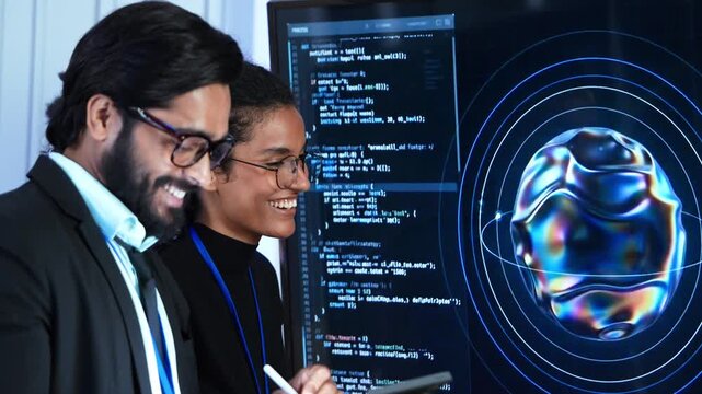 Team of professional programmer smile and look at monitor screen to review AI data visualization script. Software engineer partner collaborate on neural network code development at workplace