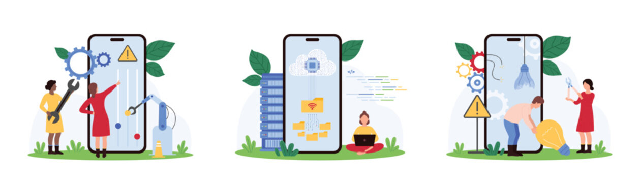 Maintenance service of mobile app set. Tiny people replace broken light bulb to new lamp, control sliders of settings, upload and share data folders on smartphone screen cartoon vector illustration