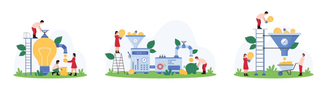 Creative idea to make money, monetization strategy set. Tiny people monetize project or content with conversion funnel, pipeline machine and faucet in big light bulb cartoon vector illustration