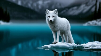 Fototapeta premium Majestic White Arctic Fox Standing Gracefully on Floating Ice Amidst Frozen Landscape and Calm Waters
