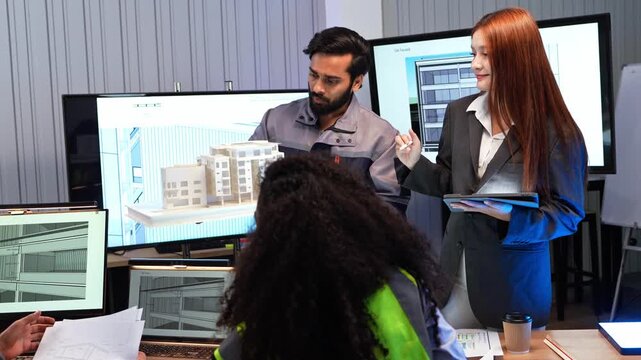 Professional diverse team of architect and engineer collaborating in meeting room, analyzing 3D building model and digital blueprint on tablet for modern construction project design