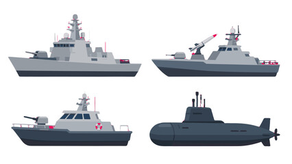 Set of modern naval warships and submarine in flat vector style © Artstock