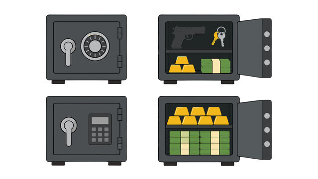 Set of closed and open security safes with cash and gold