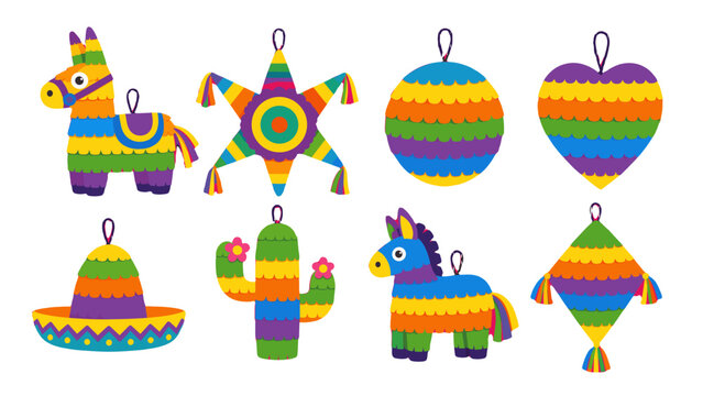 Colorful pinata set with donkey, star, cactus, and sombrero