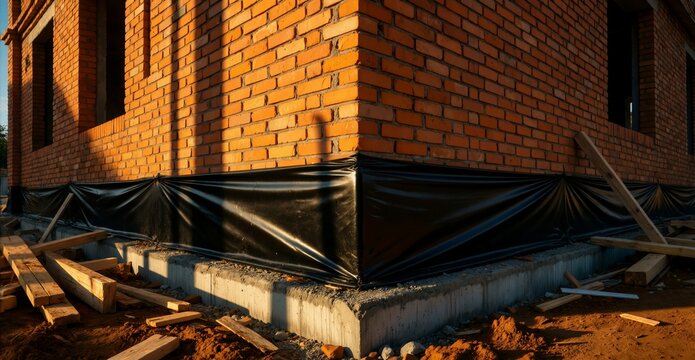 Brick foundation corner with black waterproof membrane protection, construction detail  - safeguarding structures.