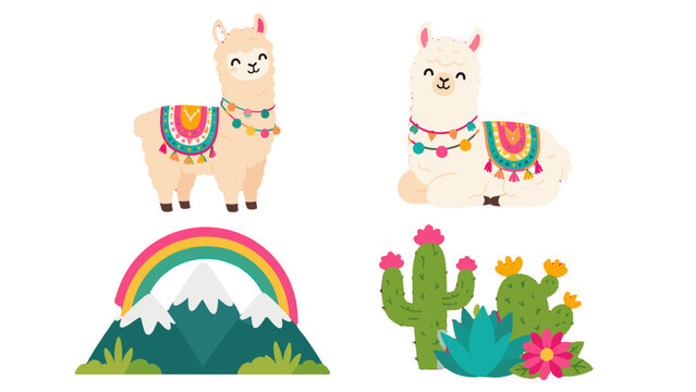 Cute llama and alpaca with mountain rainbow and cactus set