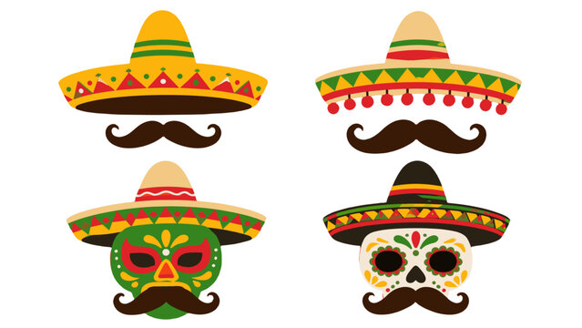 Cartoon sombrero hats with mustaches and decorative masks set