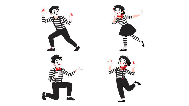 Set of mime performers in black and white costumes posing