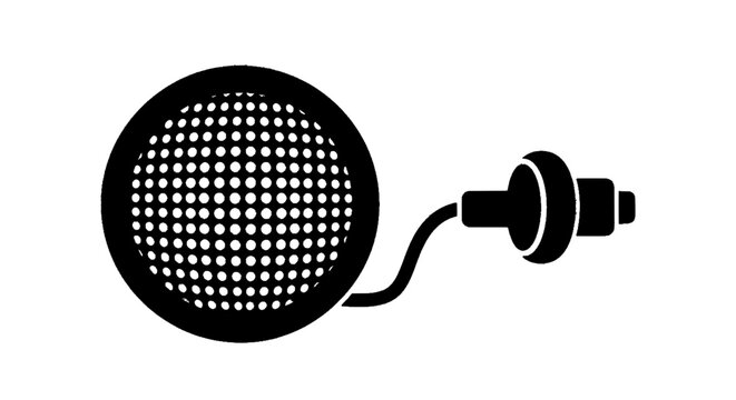 Minimal black silhouette icon, simple flat vector, bold black shape, no, no shading vector icon of a round speaker with a connector cable on a, flat icon style