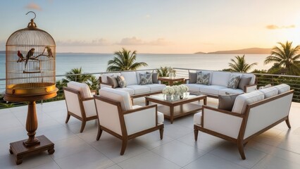 Obraz premium Luxury patio furniture and birdcage overlooking ocean at sunset