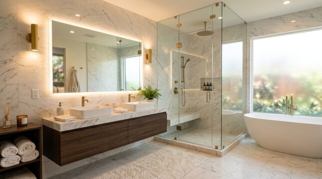 A luxurious bathroom features a large marble wall, a floating vanity with a wooden countertop, and a glass-enclosed shower. A freestanding bathtub sits adjacent to the shower.
