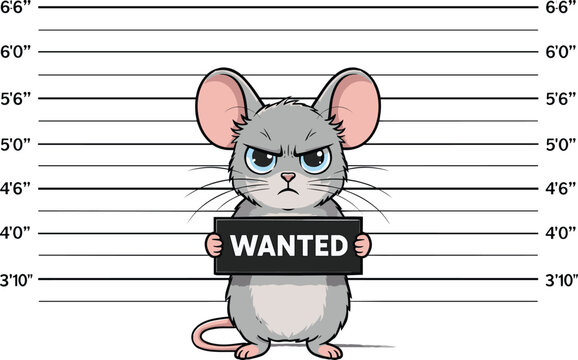 Cute Cartoon Mouse Character Holding Wanted Sign in Police Mugshot Background with Height Scale Lineup Isolated on White Flat Vector Illustration Graphic Design