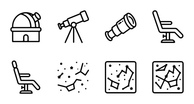 Astronomy Icons Set: Observatory, Telescopes, Constellations, Star Charts, Chairs