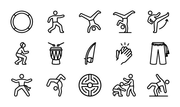 Capoeira Icons Set, Brazilian Martial Art Figures, Acrobatics, Music, Dance, Vector Graphics