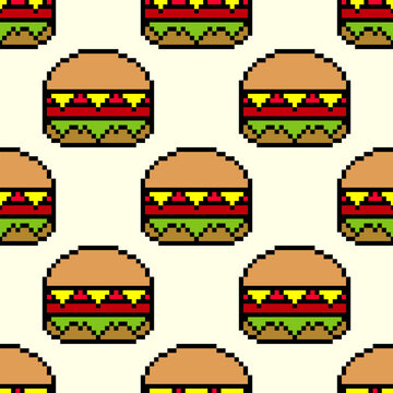 Seamless pattern with burger pixel art