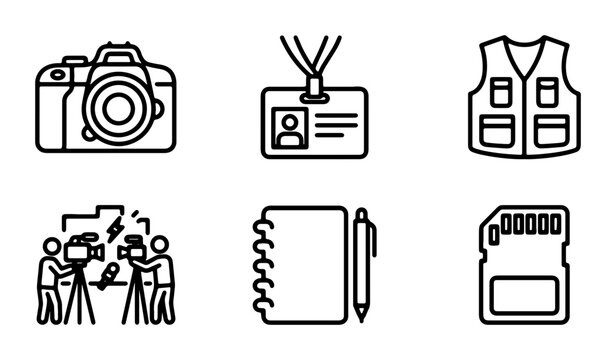 Journalism Icons: Camera, Press Pass, Vest, Crew, Notebook, SD Card, Vector Set