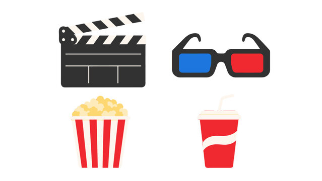 Cinema elements set with clapboard glasses popcorn and soda