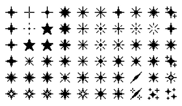 Mega collection of pixel art sparkle icons. Vintage monochrome arcade game assets, starry night sky and glitter elements