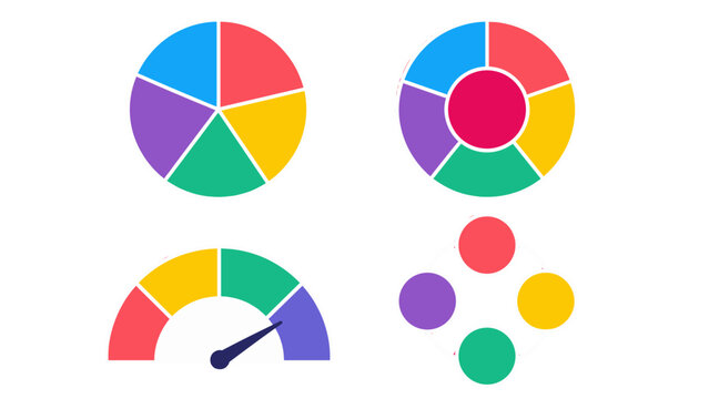 Colorful circular charts and gauge infographic elements set