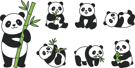 Cute panda character set, cartoon giant pandas eating bamboo and playing, funny bear mascot with various poses, cad drawing flat vector illustration © Rajbala