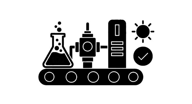 Minimal black silhouette icon, simple flat vector, bold black shape, no, no shading industrial production process icon with chemical flask and manufacturing unit on a, flat icon style