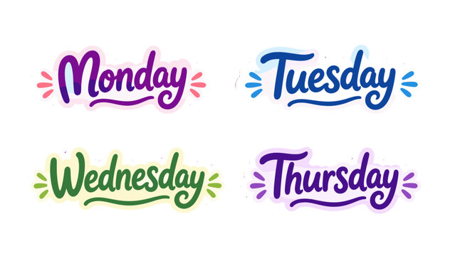 Hand drawn weekday lettering sticker set in colorful script
