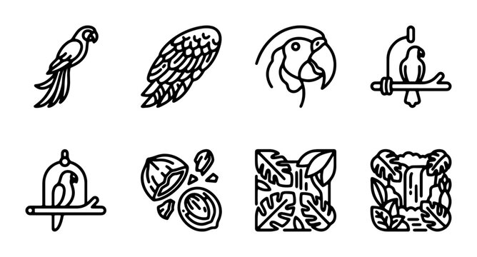 Parrot Icon Set, Tropical Bird Graphics, Jungle Elements, Wildlife Vector Art