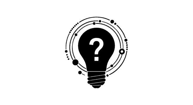 Minimal black silhouette icon, simple flat vector, bold black shape, no, no shading creative light bulb icon with question mark symbol and abstract orbit rings on a, flat icon style