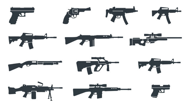 Flat silhouette vector icon set of 12 modern firearms  pistol silhouette  revolver silhouette  submachine gun silhouette  assault rifle silhouette  battle rifle silhouette  sniper rifle silhouette  