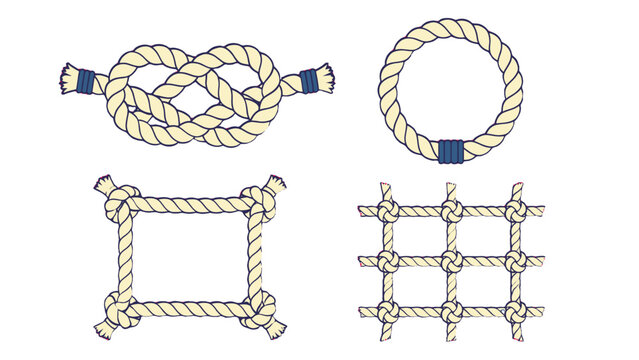 Nautical rope knot and net frame vector set