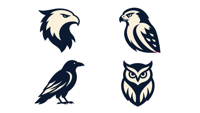Set of bird silhouette emblems with eagle falcon raven and owl