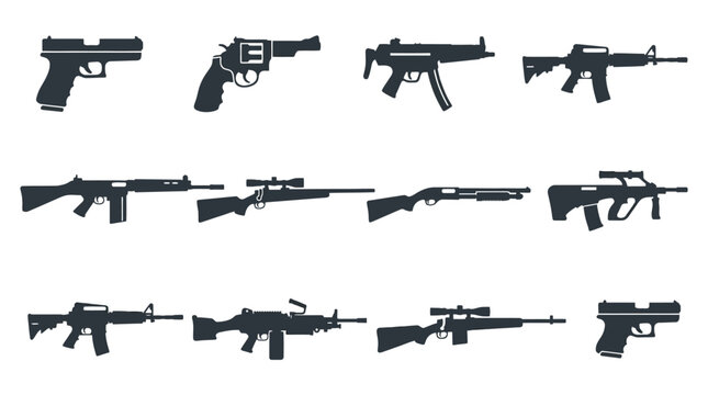 Flat silhouette vector icon set of 12 modern firearms  pistol silhouette  revolver silhouette  submachine gun silhouette  assault rifle silhouette  battle rifle silhouette  sniper rifle silhouette  