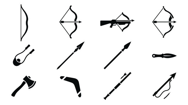 Flat silhouette vector icon set of 12 ranged weapons, longbow silhouette, recurve bow silhouette, crossbow silhouette, composite bow silhouette, sling silhouette, javelin silhouette, spear silhouette,