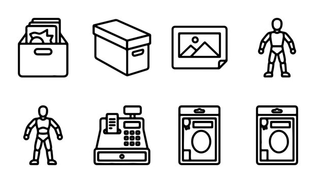 Business Icons Set: Archive Box, Storage, Artwork, Mannequin, Cash Register, Appliance Icons