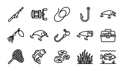 Fishing Icons Set, Vector Graphics for Angling, Tackle Box, Rod, Reel, Lure, Hook, Net, Fish © Saif