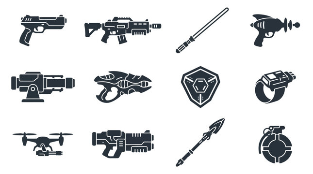  energy pistol silhouette  plasma rifle silhouette  laser sword silhouette  ray gun silhouette  futuristic cannon silhouette  alien blaster silhouette  energy shield silhouette  wrist blaster 