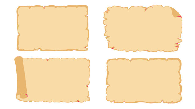 Set of aged parchment sheets with torn edges and curled scroll