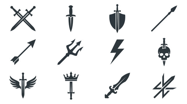 crossed swords silhouette  dagger emblem silhouette  shield and sword silhouette  spear emblem silhouette  arrow symbol silhouette  trident symbol silhouette  lightning bolt weapon symbol silhouette  