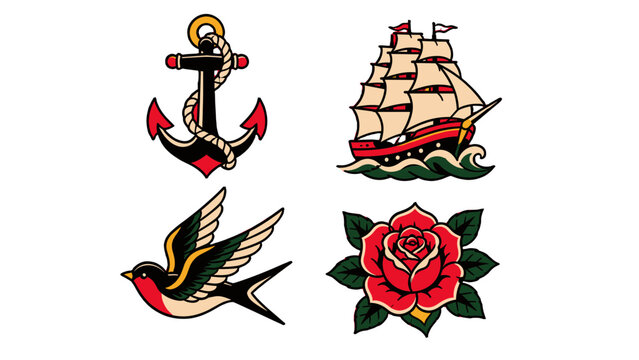 Traditional tattoo flash set with anchor ship swallow and rose