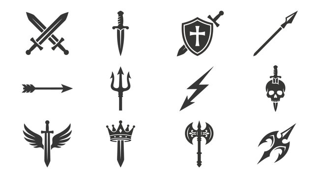 crossed swords silhouette  dagger emblem silhouette  shield and sword silhouette  spear emblem silhouette  arrow symbol silhouette  trident symbol silhouette  lightning bolt weapon symbol silhouette  