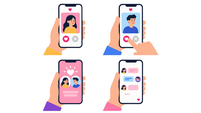 Online dating app screens on smartphones in hand vector set
