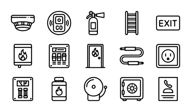 Fire Safety Icons Set, Emergency Equipment Vector Graphics, Security Symbols Collection