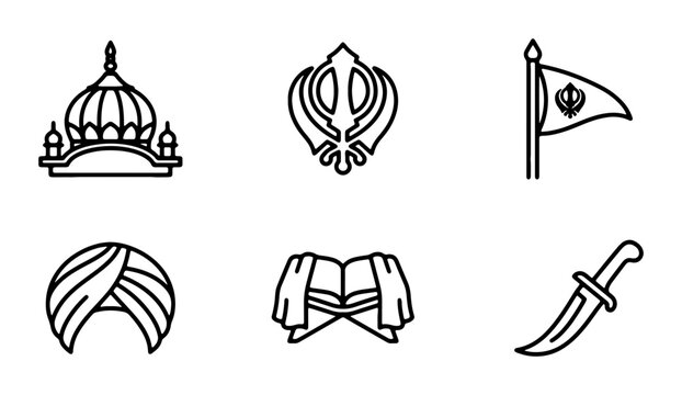 Sikhism Icons Set: Khanda, Gurdwara, Kirpan, Turban, Flag, Holy Book Vector Graphics