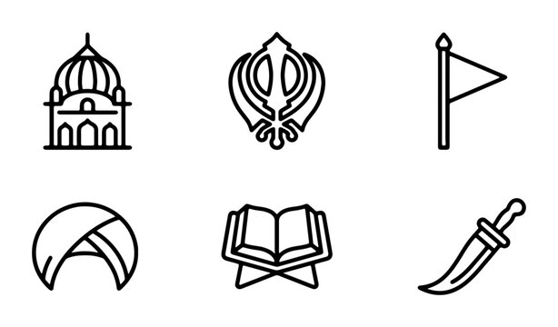 Sikhism Icons Set: Khanda, Dastar, Gurdwara, Kirpan, Flag, Holy Book Vector Graphics