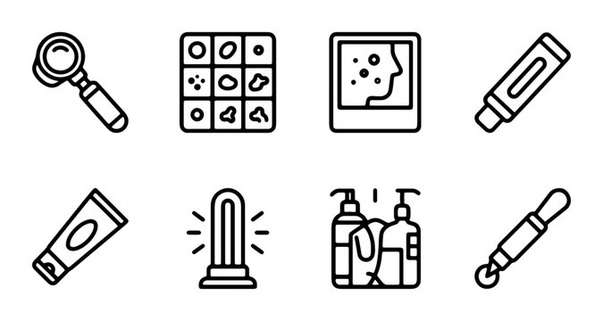 Dermatology Icons Set: Magnifier, Skin Analysis, Acne Treatment, Skincare Products, UV Lamp
