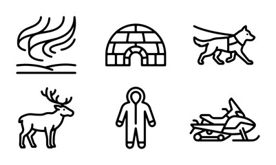 Arctic Icons Set: Northern Lights, Igloo, Dog Sled, Reindeer, Parka, Snowmobile © Saif