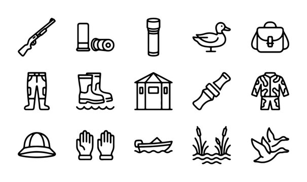 Hunting Icons Set: Duck, Shotgun, Boots, Camo Jacket, Boat, Decoy, 15 Elements