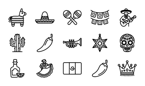 Mexican Fiesta Icons: Cinco de Mayo, Day of the Dead, Mariachi, Tequila, 15 Vector Elements