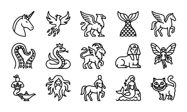Mythical Creatures Vector Icons Set: Fantasy Beasts, Legends, Folklore Characters, Magical Beings
