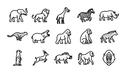 African Safari Animals Vector Icons Set, Wildlife Mammals Collection, Zoo Creatures Line Art Graphics © Ashraf